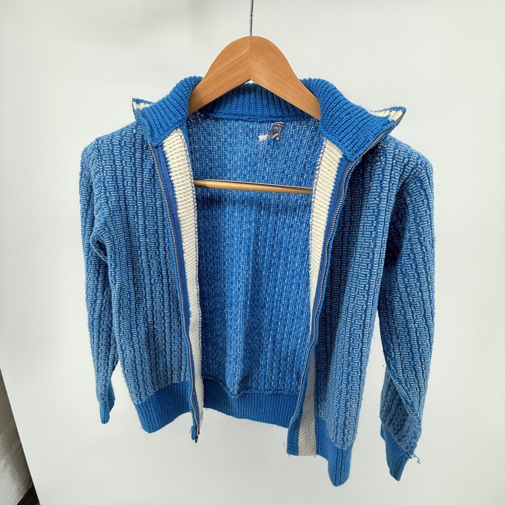 Vintage Brent Jr. Blue Knit Sweater Jacket Retro Style Youth Size 12 *see pics*‎